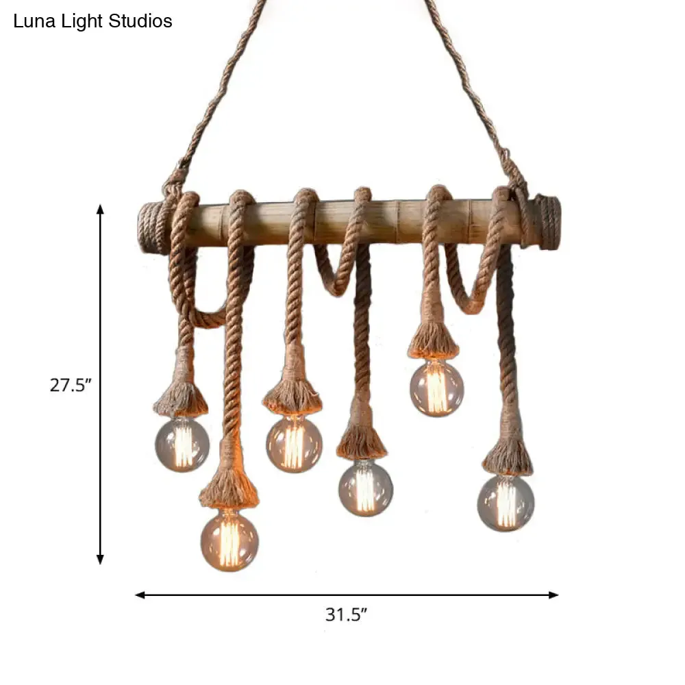 Lodge Industrial Beige Island Light with Adjustable Rope and Bamboo - 3/4 Lights Open Bulb