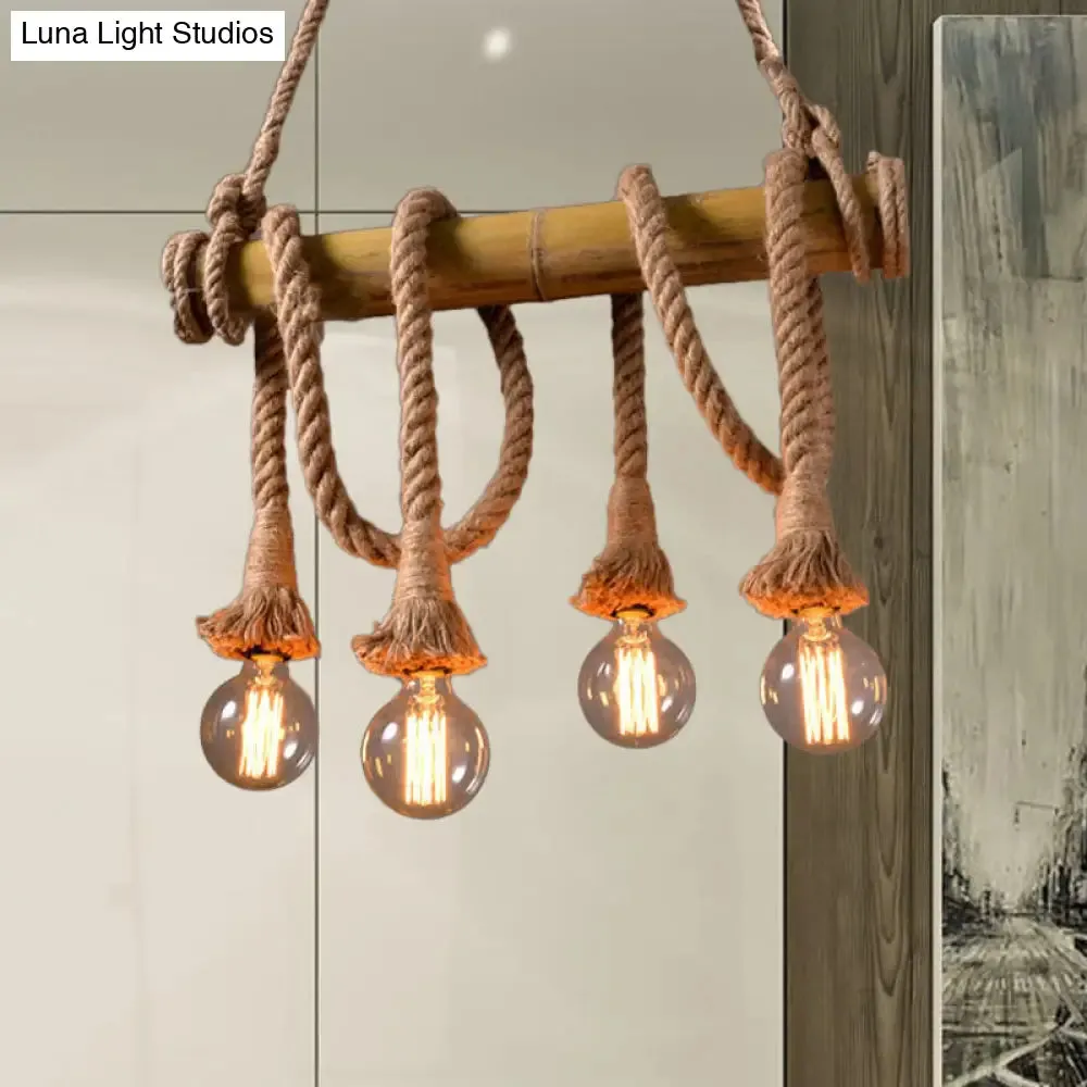 Lodge Industrial Beige Island Light with Adjustable Rope and Bamboo - 3/4 Lights Open Bulb