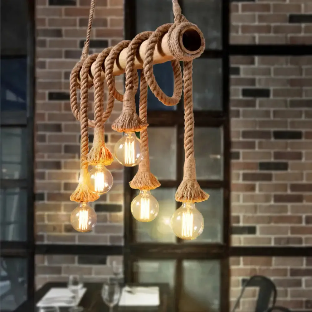 Lodge Industrial Beige Island Light with Adjustable Rope and Bamboo - 3/4 Lights Open Bulb