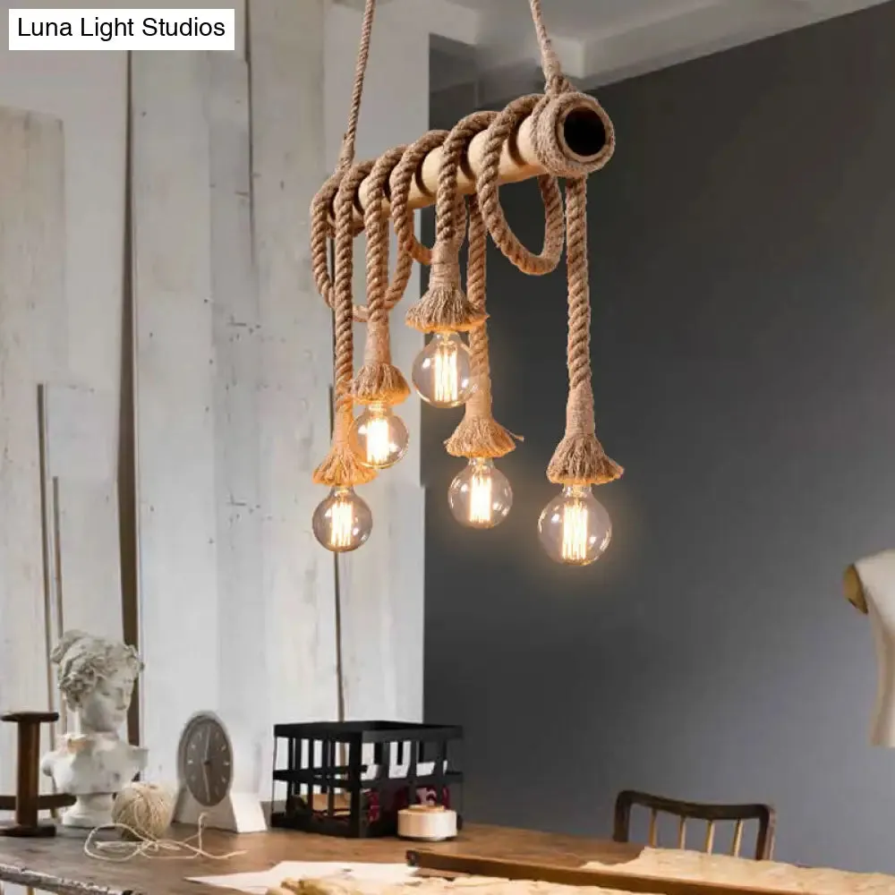 Lodge Industrial Beige Island Light with Adjustable Rope and Bamboo - 3/4 Lights Open Bulb