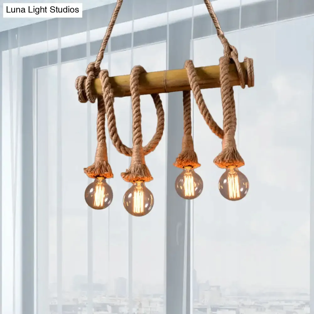 Lodge Industrial Beige Island Light with Adjustable Rope and Bamboo - 3/4 Lights Open Bulb