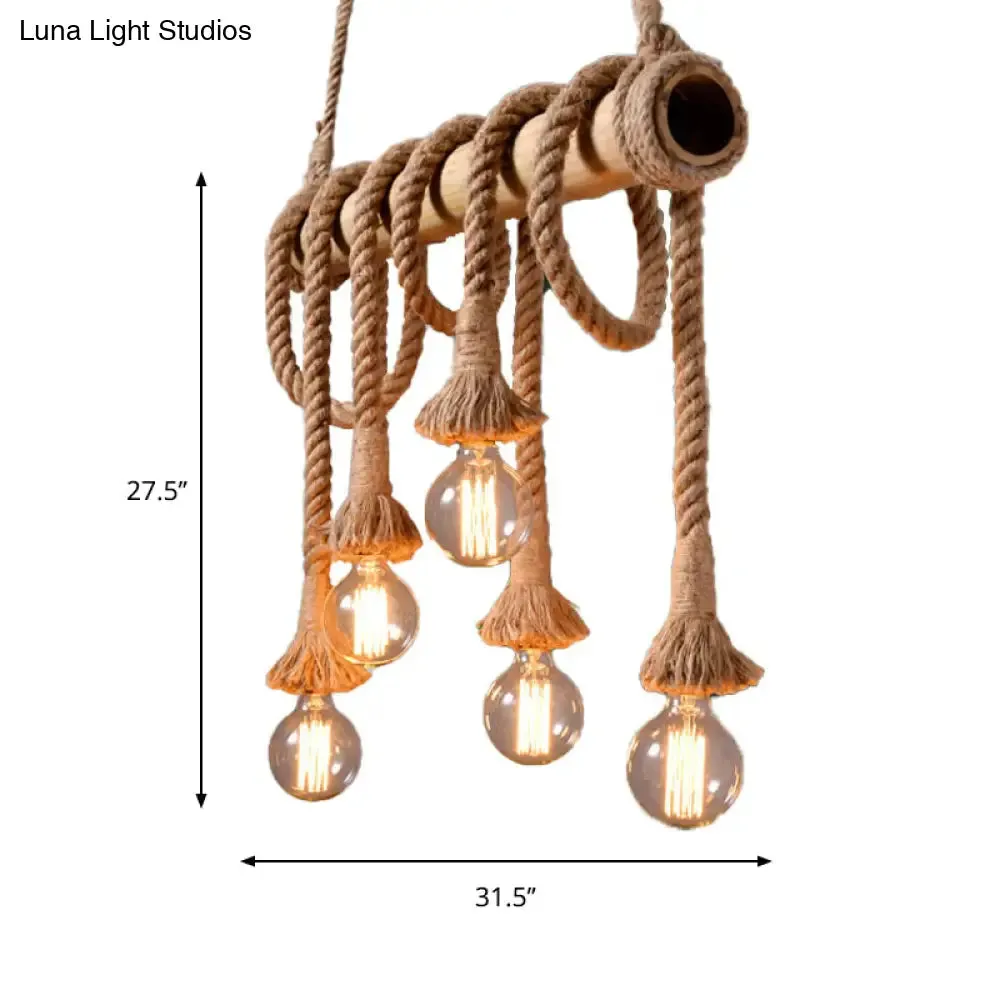 Lodge Industrial Beige Island Light with Adjustable Rope and Bamboo - 3/4 Lights Open Bulb