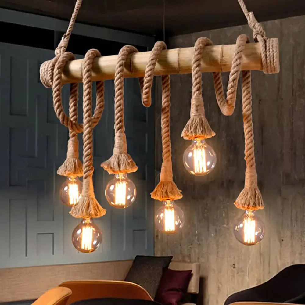 Lodge Industrial Beige Island Light with Adjustable Rope and Bamboo - 3/4 Lights Open Bulb