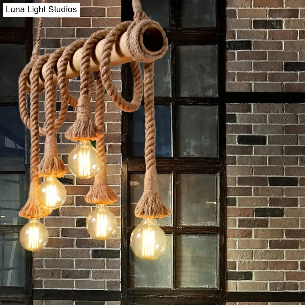 Lodge Industrial Beige Island Light with Adjustable Rope and Bamboo - 3/4 Lights Open Bulb