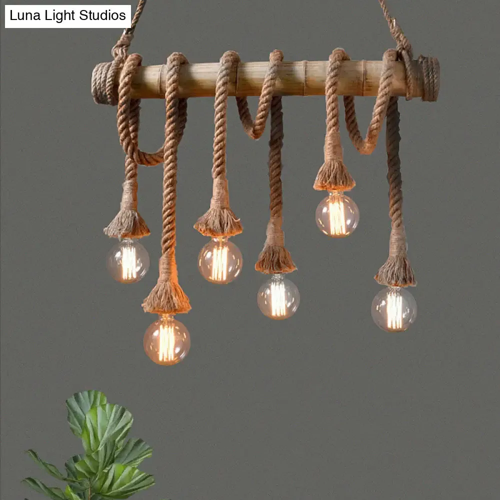 Lodge Industrial Beige Island Light with Adjustable Rope and Bamboo - 3/4 Lights Open Bulb