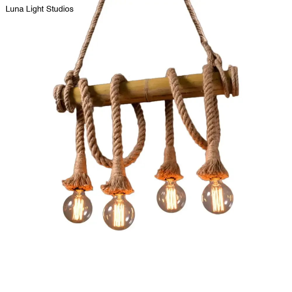 Lodge Industrial Beige Island Light with Adjustable Rope and Bamboo - 3/4 Lights Open Bulb