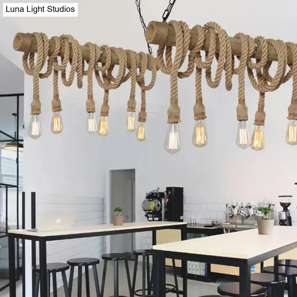 Lodge Industrial Beige Island Light with Adjustable Rope and Bamboo - 3/4 Lights Open Bulb