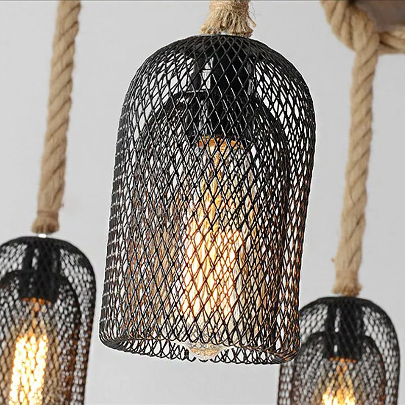 Lodge Style Pendant Light with Wire Mesh, Wood and Rope - Brown Base, 3/6 Lights