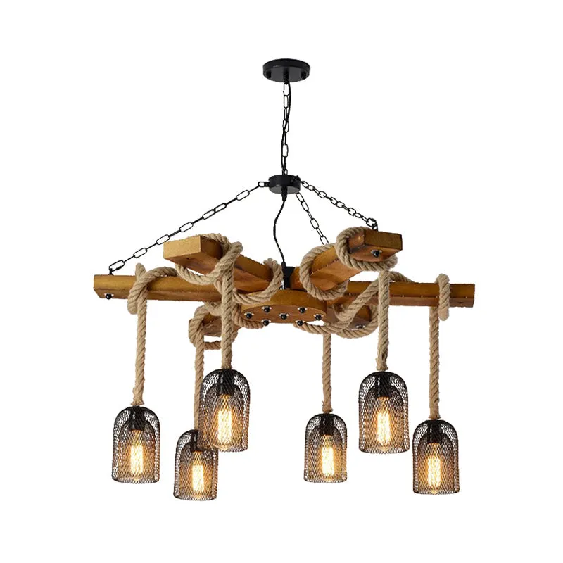 Lodge Style Pendant Light with Wire Mesh, Wood and Rope - Brown Base, 3/6 Lights