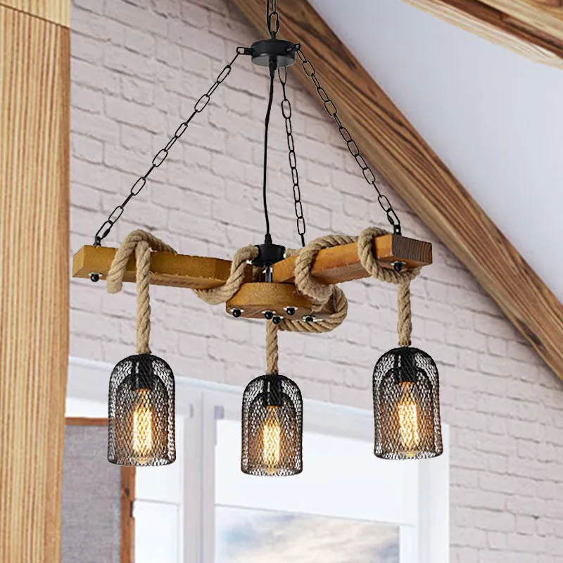 Lodge Style Pendant Light with Wire Mesh, Wood and Rope - Brown Base, 3/6 Lights