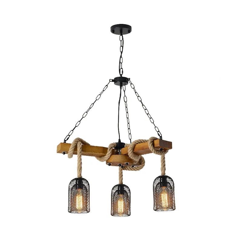 Lodge Style Pendant Light with Wire Mesh, Wood and Rope - Brown Base, 3/6 Lights