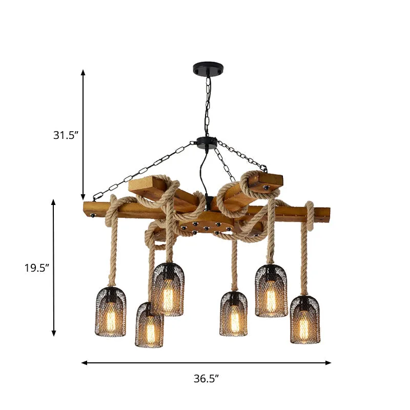 Lodge Style Pendant Light with Wire Mesh, Wood and Rope - Brown Base, 3/6 Lights