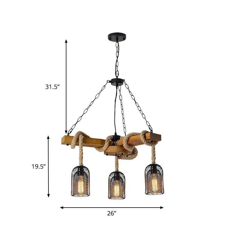 Lodge Style Pendant Light with Wire Mesh, Wood and Rope - Brown Base, 3/6 Lights