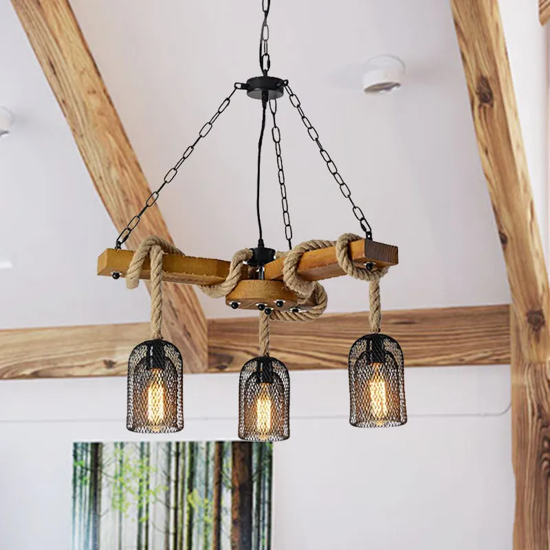 Lodge Style Pendant Light with Wire Mesh, Wood and Rope - Brown Base, 3/6 Lights