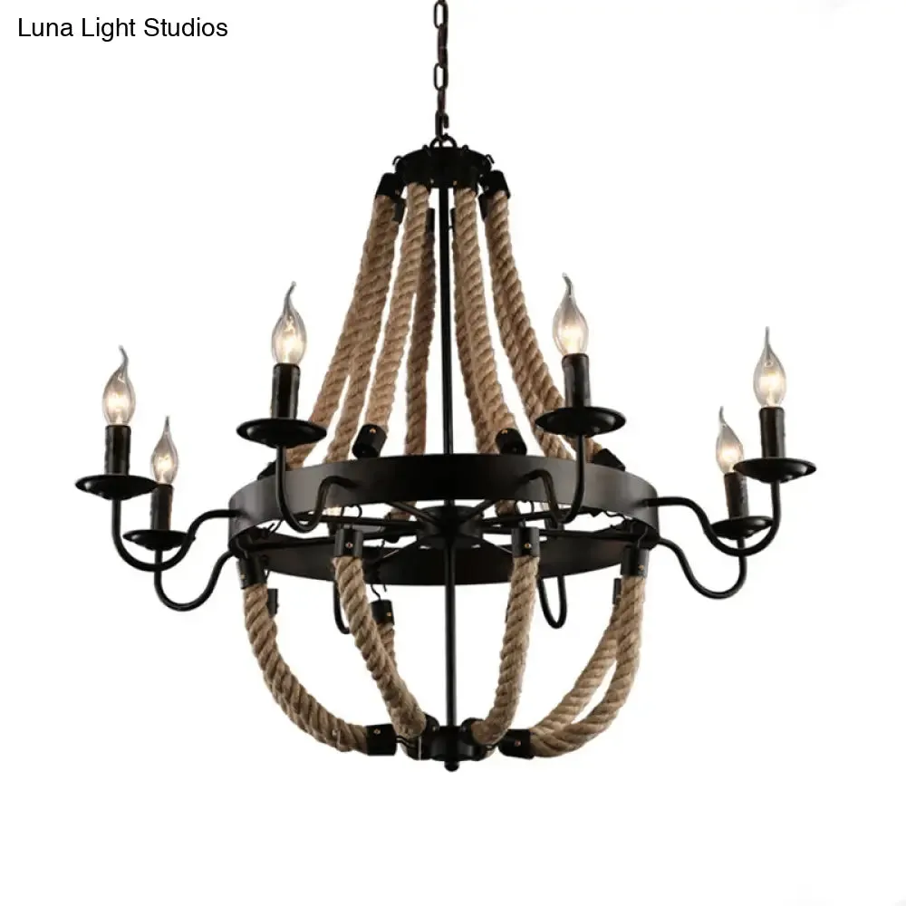 Loft Style Candelabrum Chandelier with 8 Bulbs and Hemp Rope - Black Hanging Lamp for Living Room