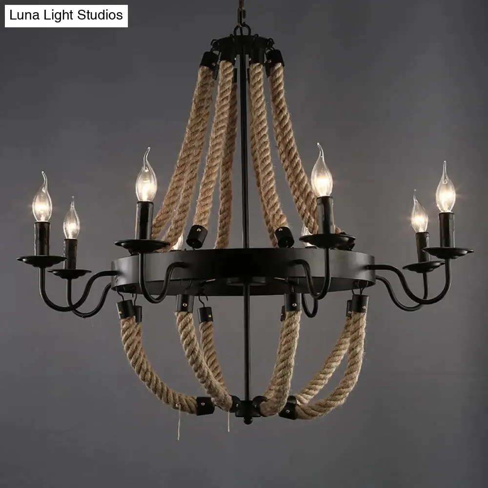 Loft Style Candelabrum Chandelier with 8 Bulbs and Hemp Rope - Black Hanging Lamp for Living Room