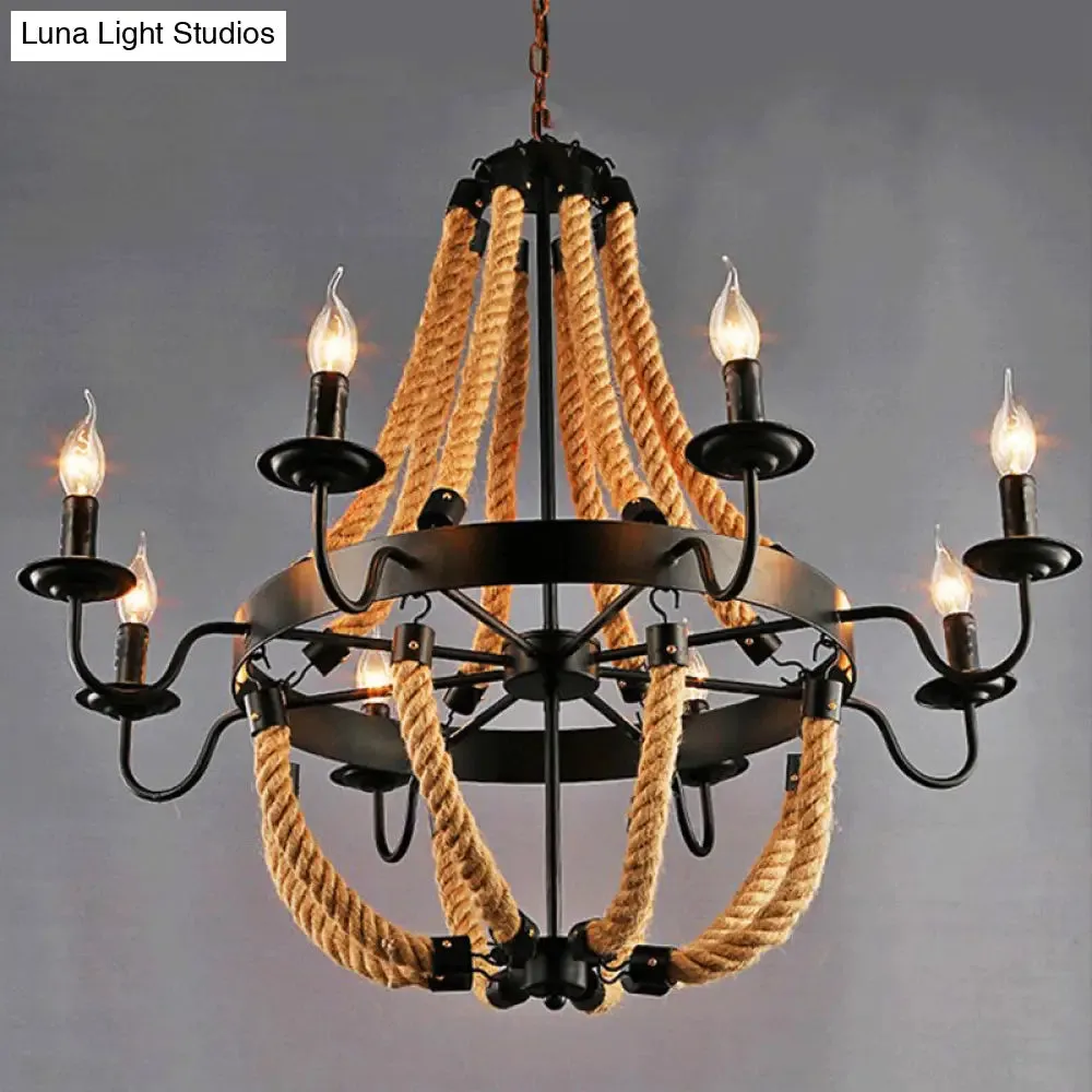 Loft Style Candelabrum Chandelier with 8 Bulbs and Hemp Rope - Black Hanging Lamp for Living Room