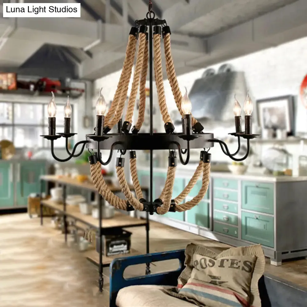 Loft Style Candelabrum Chandelier with 8 Bulbs and Hemp Rope - Black Hanging Lamp for Living Room