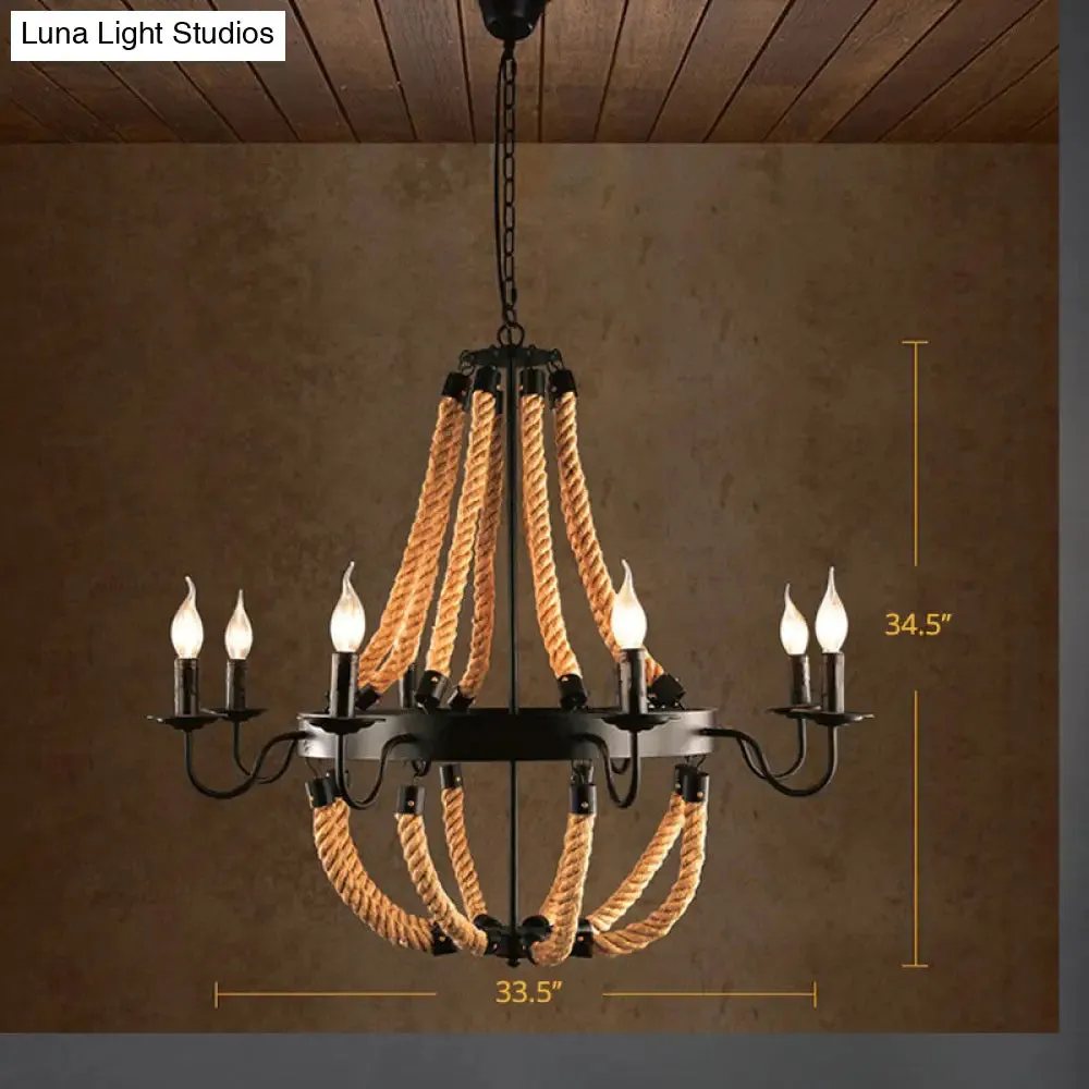 Loft Style Candelabrum Chandelier with 8 Bulbs and Hemp Rope - Black Hanging Lamp for Living Room