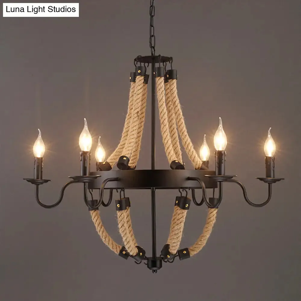 Loft Style Candelabrum Chandelier with 8 Bulbs and Hemp Rope - Black Hanging Lamp for Living Room