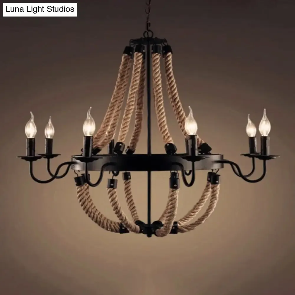 Loft Style Candelabrum Chandelier with 8 Bulbs and Hemp Rope - Black Hanging Lamp for Living Room