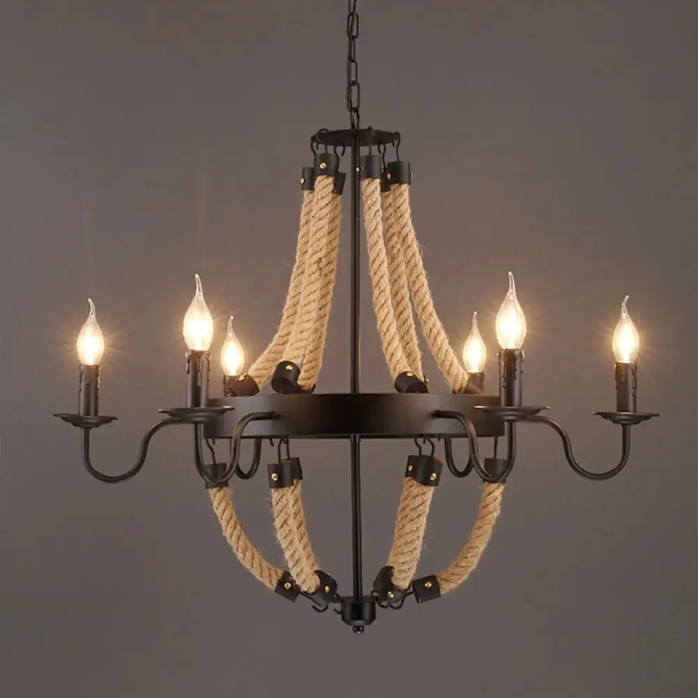 Loft Style Candelabrum Chandelier with 8 Bulbs and Hemp Rope - Black Hanging Lamp for Living Room