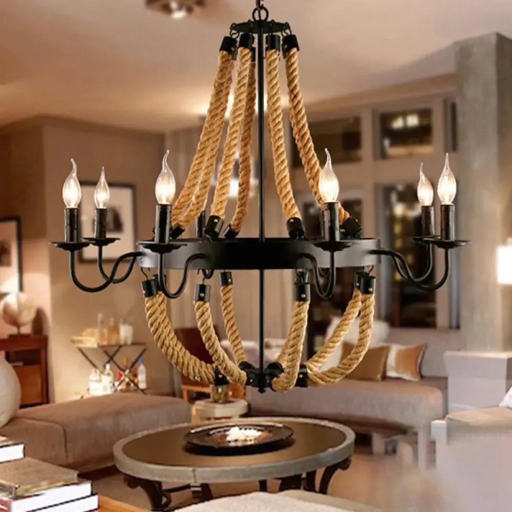 Loft Style Candelabrum Chandelier with 8 Bulbs and Hemp Rope - Black Hanging Lamp for Living Room