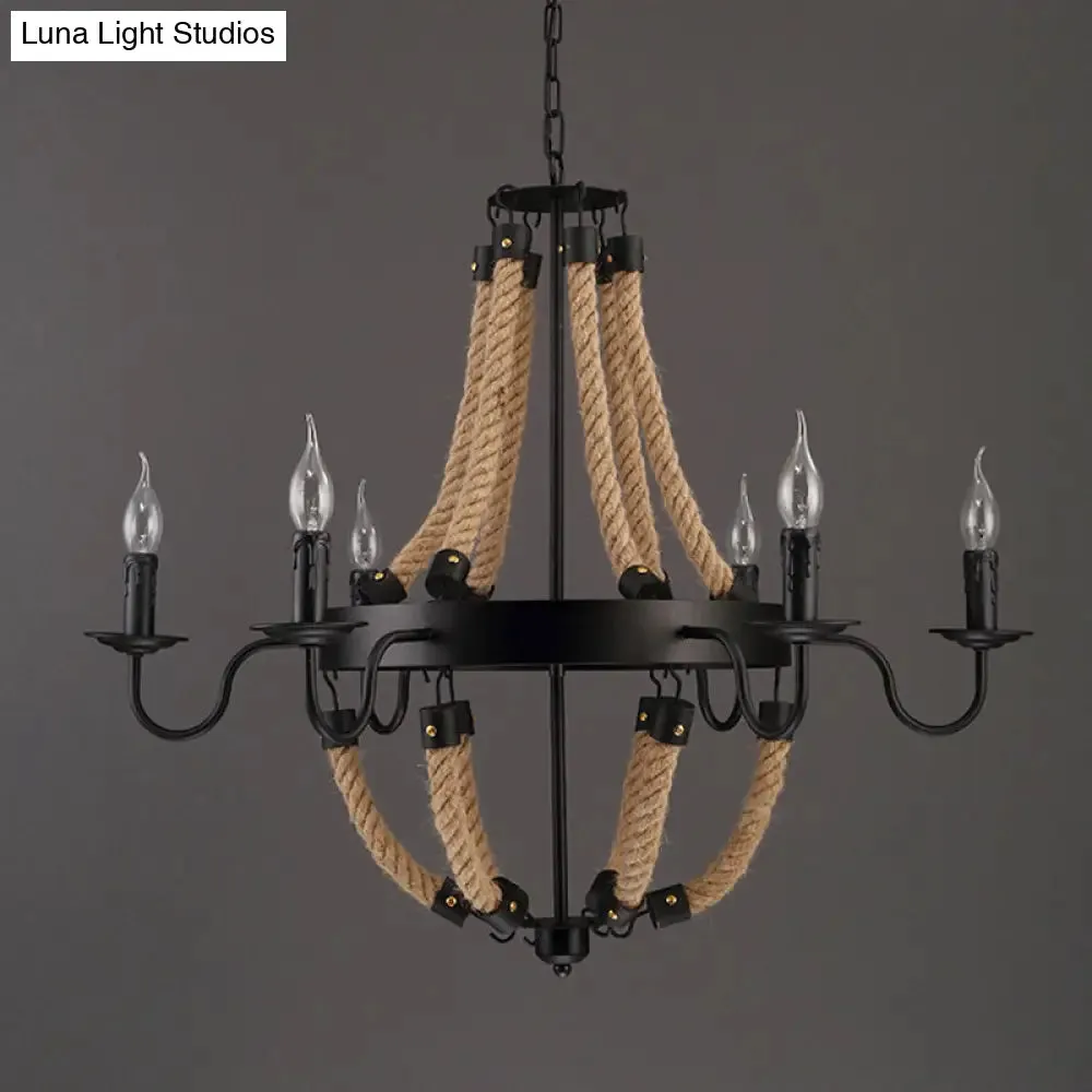 Loft Style Candelabrum Chandelier with 8 Bulbs and Hemp Rope - Black Hanging Lamp for Living Room