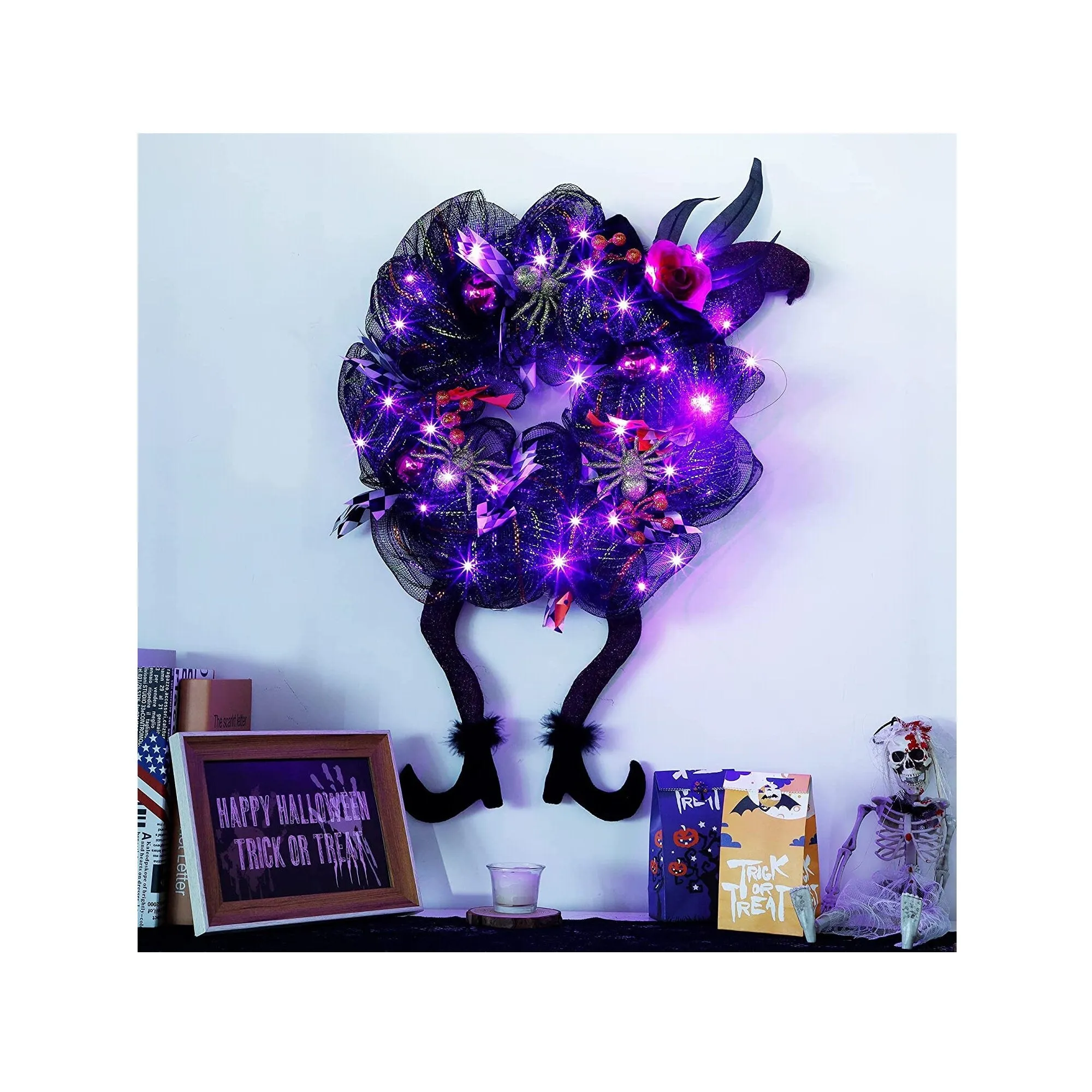 Lulu Home Halloween Wreath | 30 LED Purple Lighted Front Door Wreath with Witch Hat Leg Mesh Decor