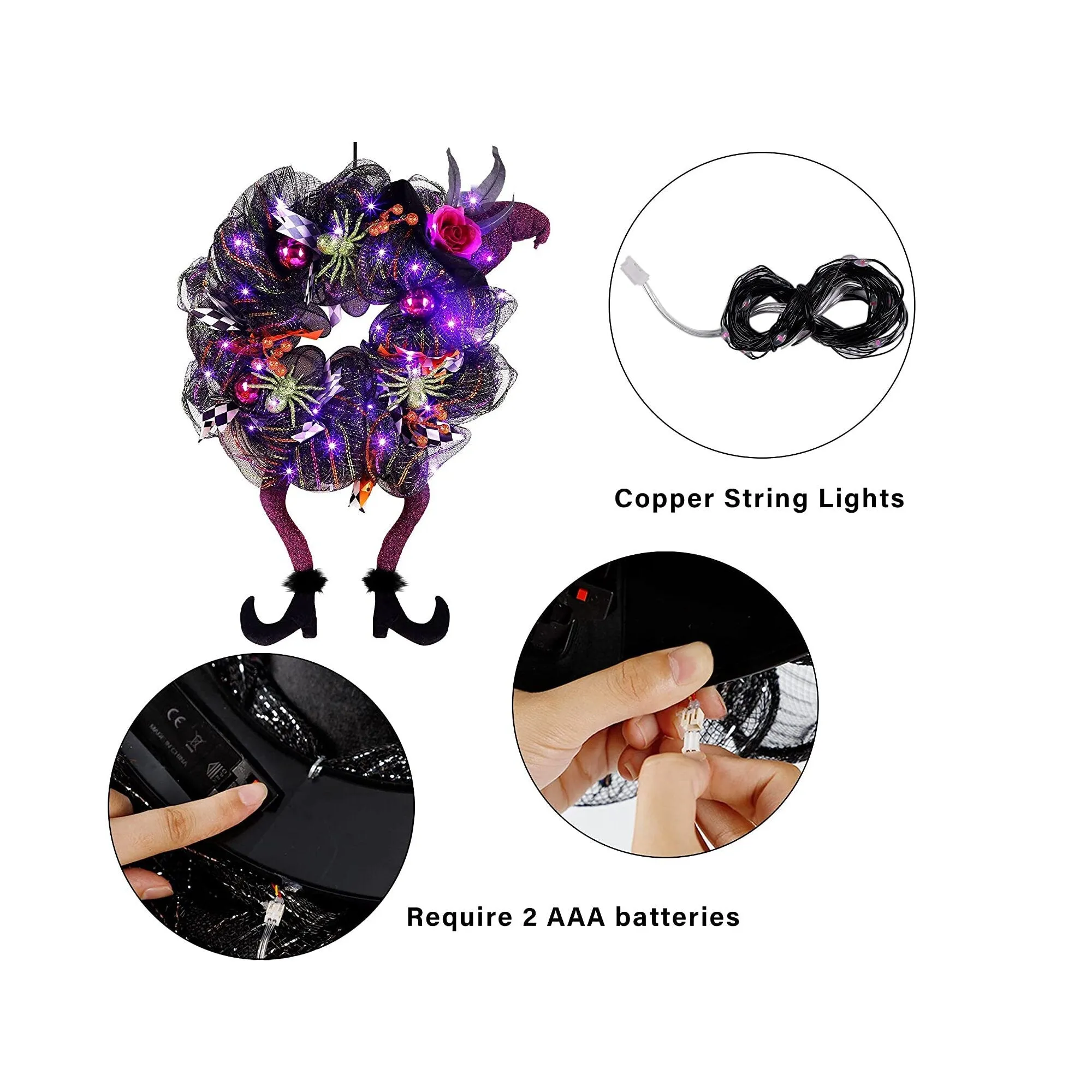 Lulu Home Halloween Wreath | 30 LED Purple Lighted Front Door Wreath with Witch Hat Leg Mesh Decor