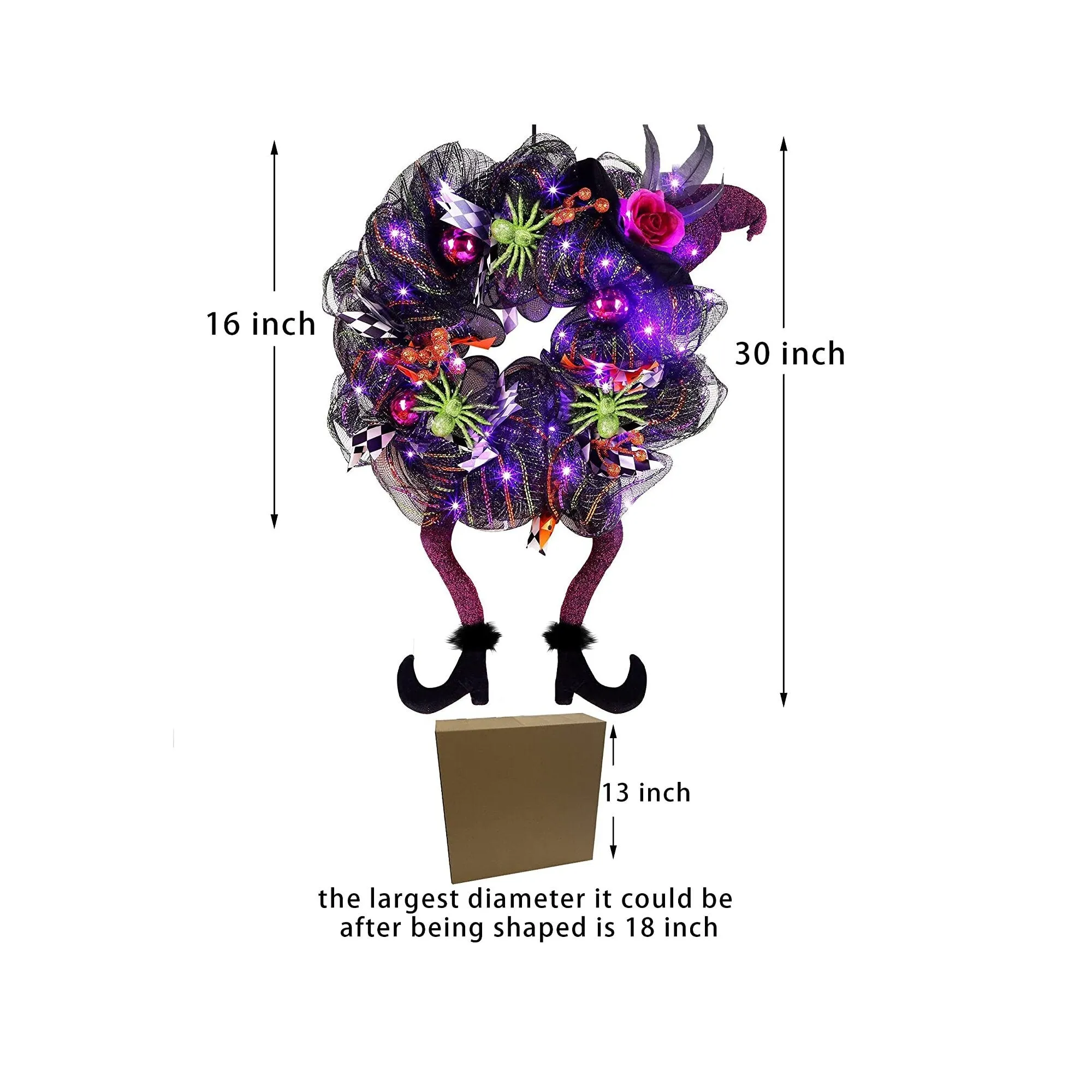 Lulu Home Halloween Wreath | 30 LED Purple Lighted Front Door Wreath with Witch Hat Leg Mesh Decor