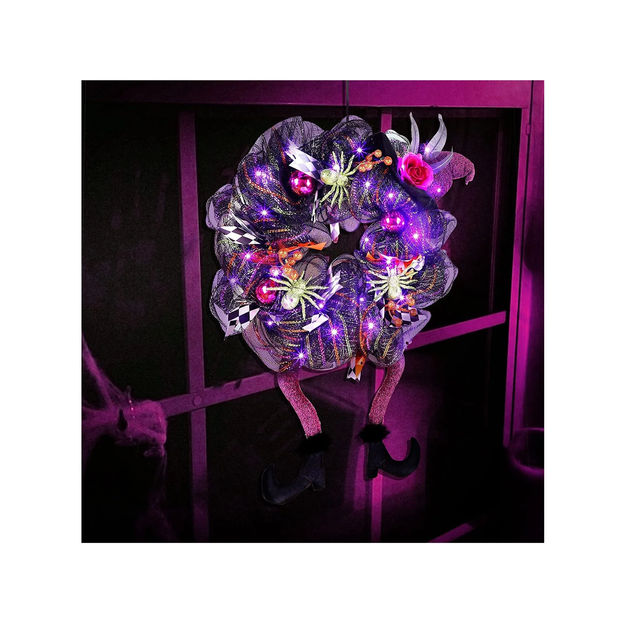 Lulu Home Halloween Wreath | 30 LED Purple Lighted Front Door Wreath with Witch Hat Leg Mesh Decor