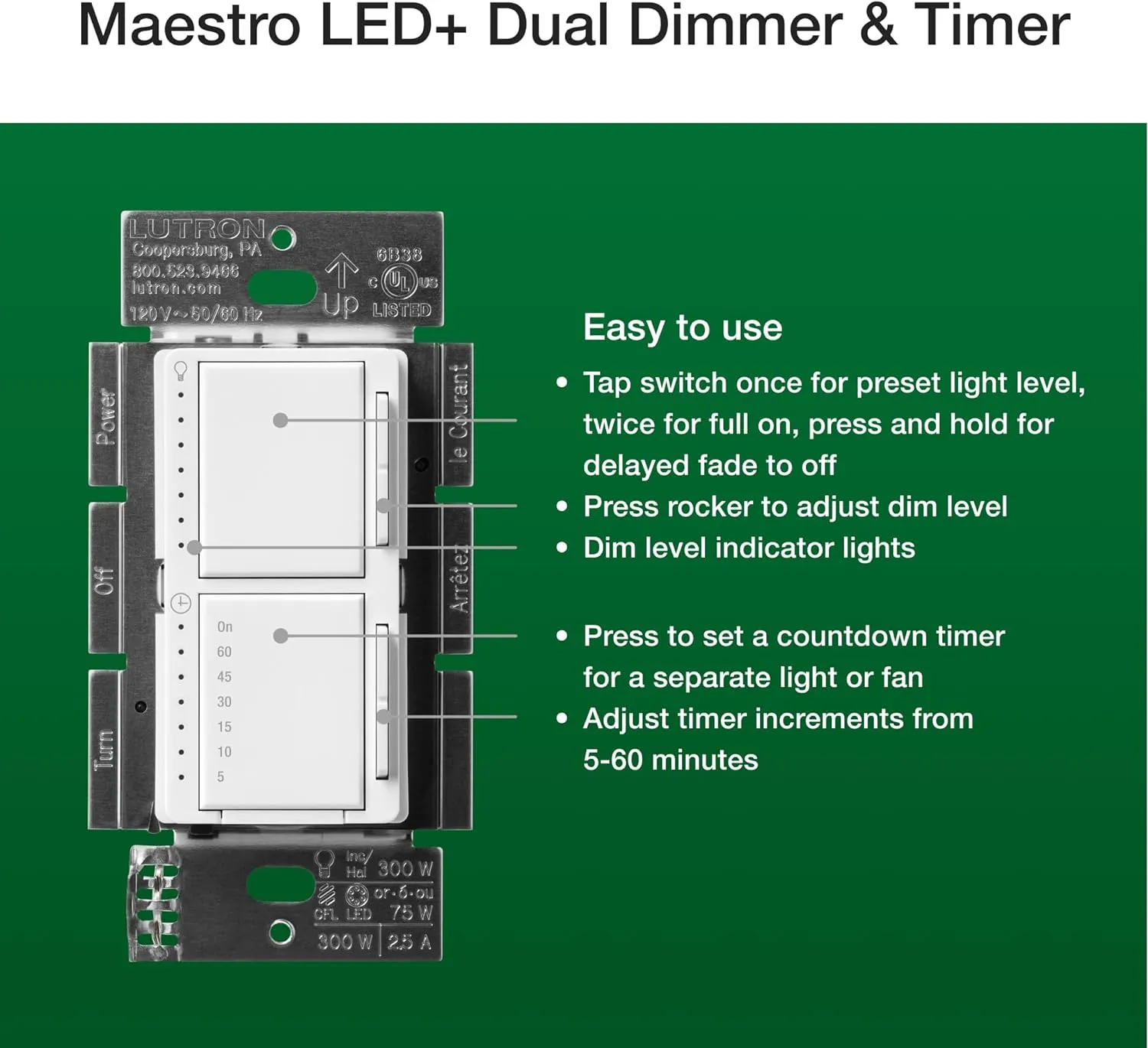 Maestro LED  Dual Dimmer and Timer Switch, 75-Watt LED Bulbs/2.5 Amp Fans, Single-Pole, White (MACL-L3T251-WH)