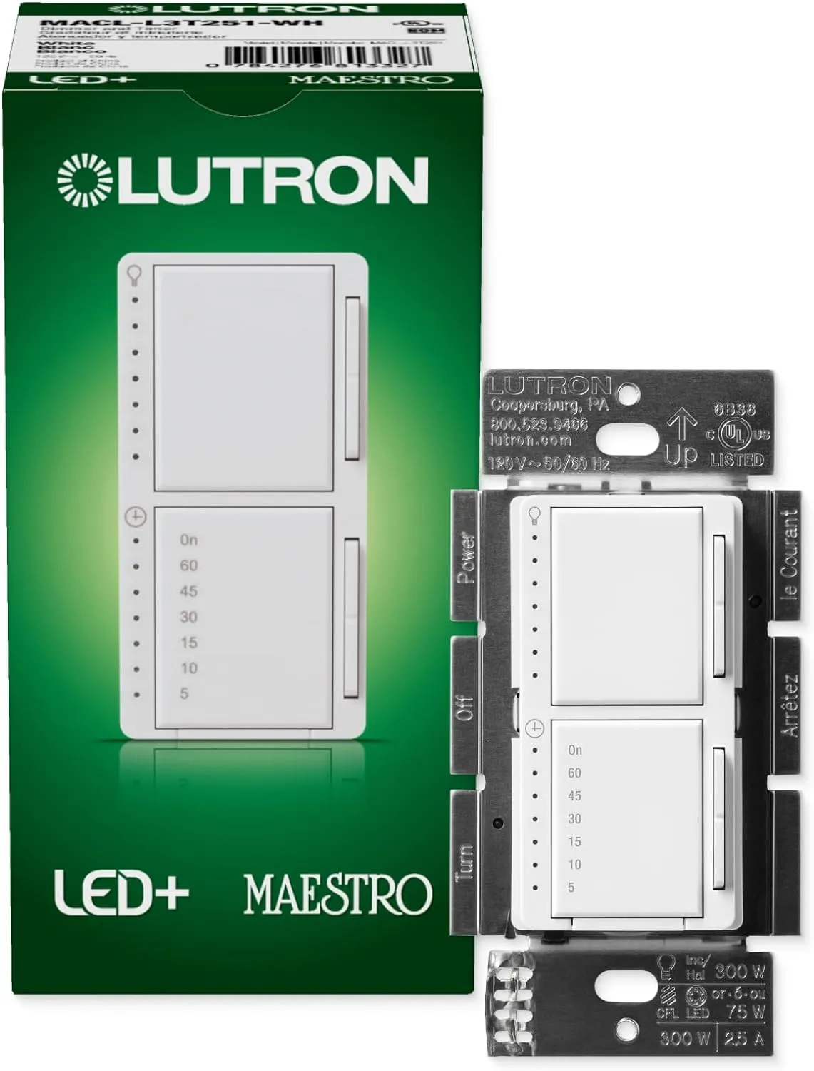 Maestro LED  Dual Dimmer and Timer Switch, 75-Watt LED Bulbs/2.5 Amp Fans, Single-Pole, White (MACL-L3T251-WH)