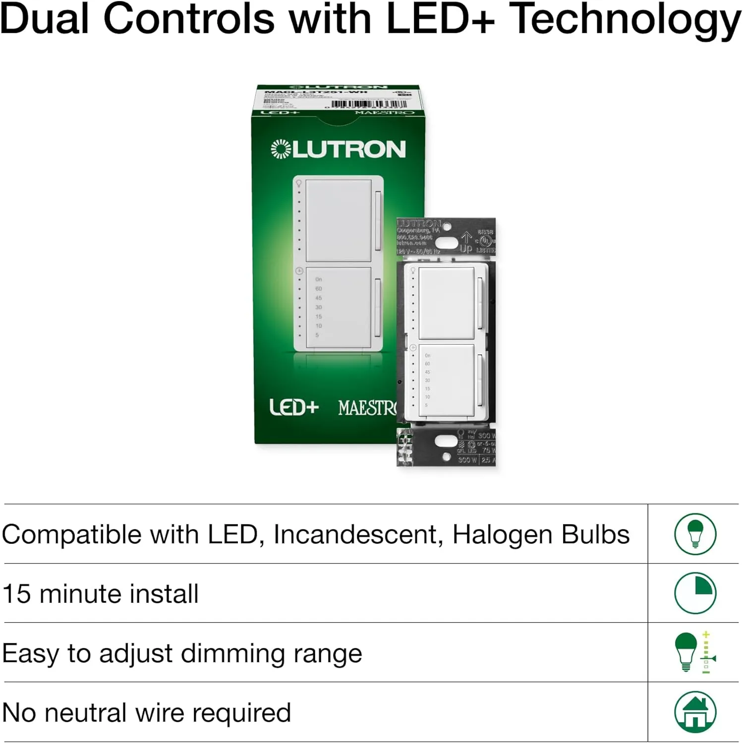 Maestro LED  Dual Dimmer and Timer Switch, 75-Watt LED Bulbs/2.5 Amp Fans, Single-Pole, White (MACL-L3T251-WH)