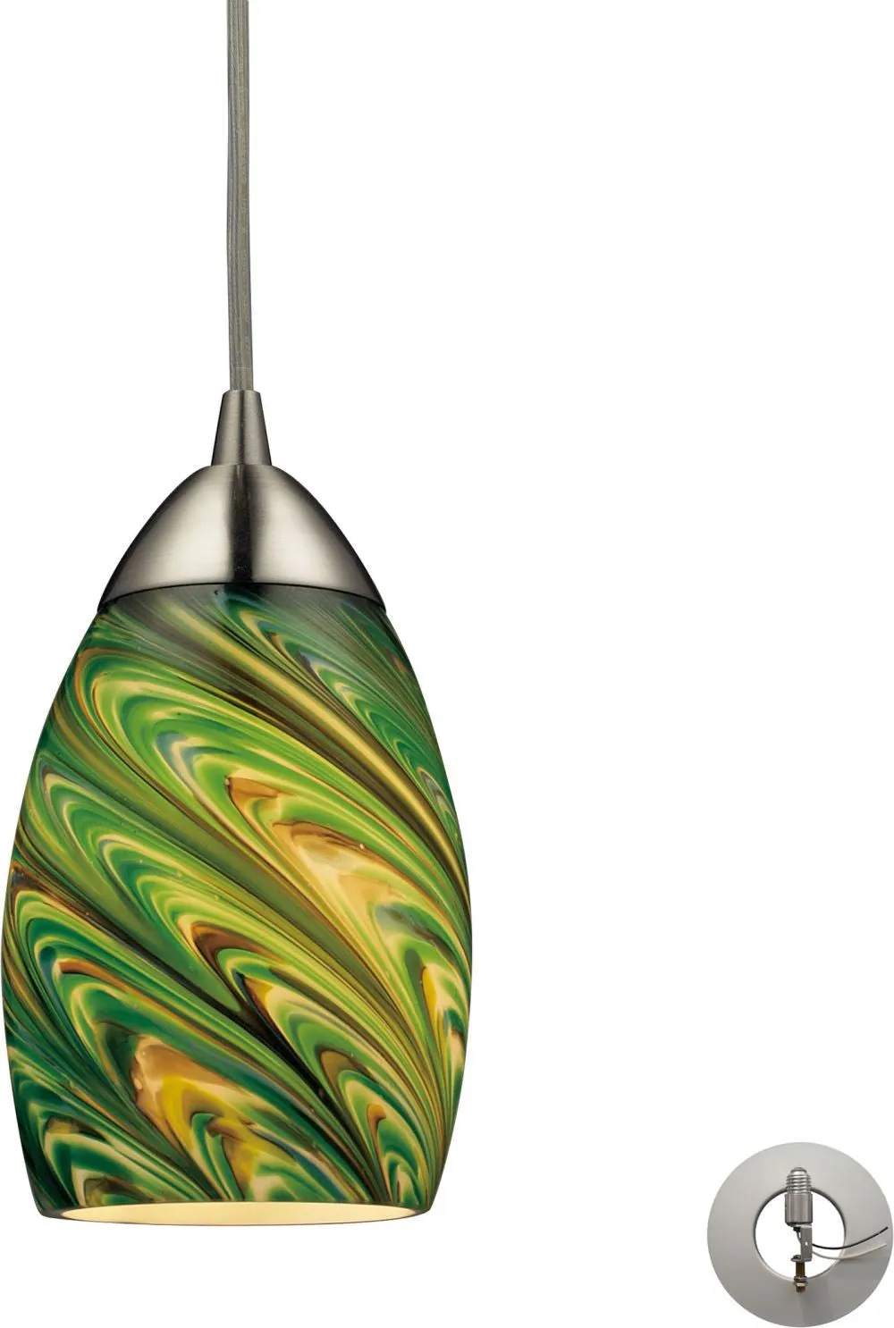 Mini Vortex 1 Light Pendant In Satin Nickel and Evergreen Glass - Includes Recessed Lighting Kit