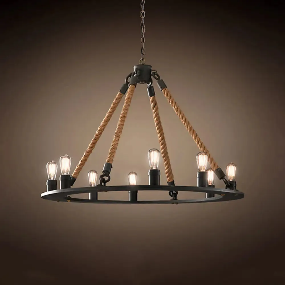 Modern Farmhouse Metal Chandelier: Circular Living Room Hanging Light, Black Finish with Rope Cord