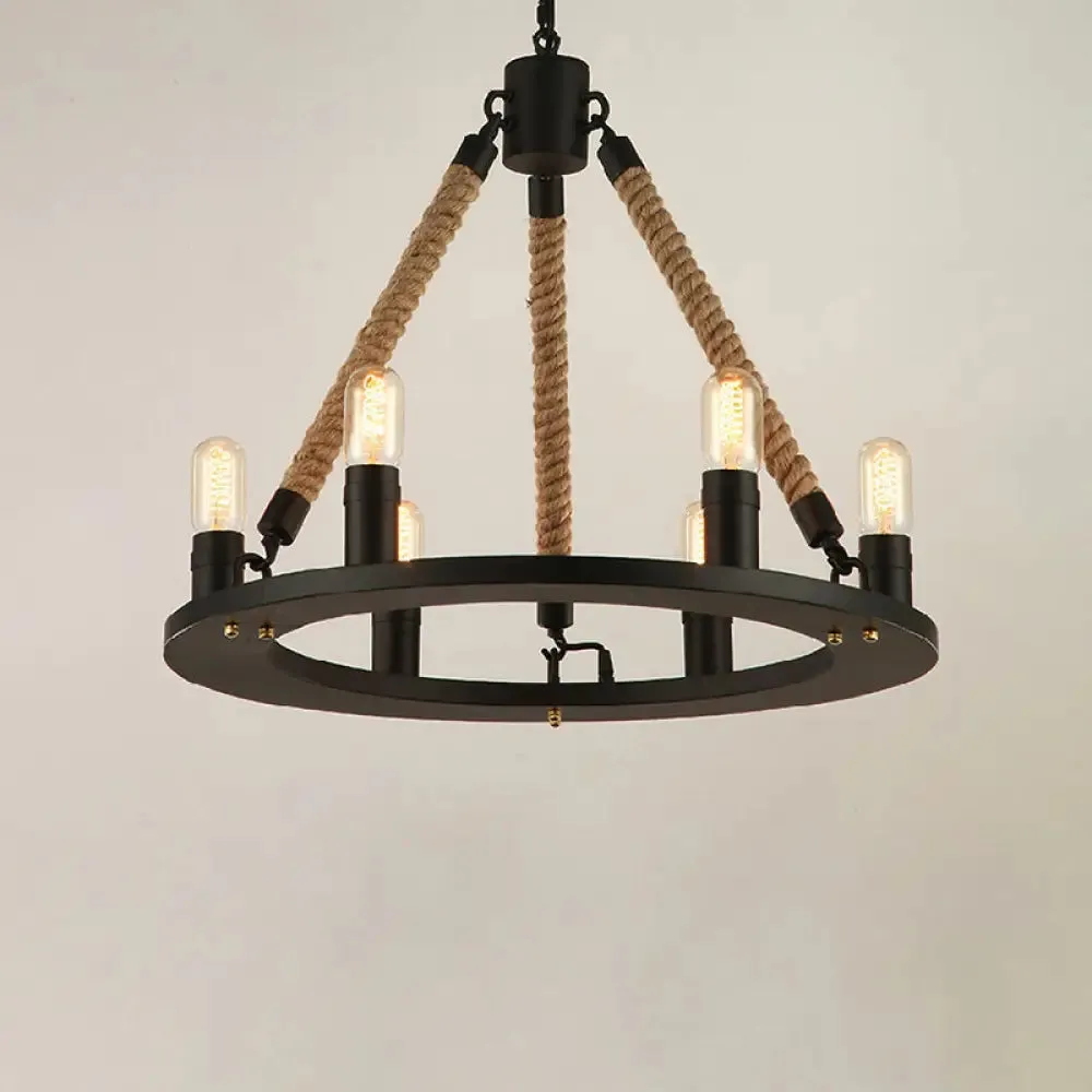 Modern Farmhouse Metal Chandelier: Circular Living Room Hanging Light, Black Finish with Rope Cord