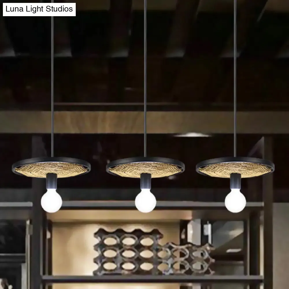 Modern Metallic Ring Pendant Light with Rope Detail - Black Finish, 1/3-Light Ceiling Lamp for Dining Room