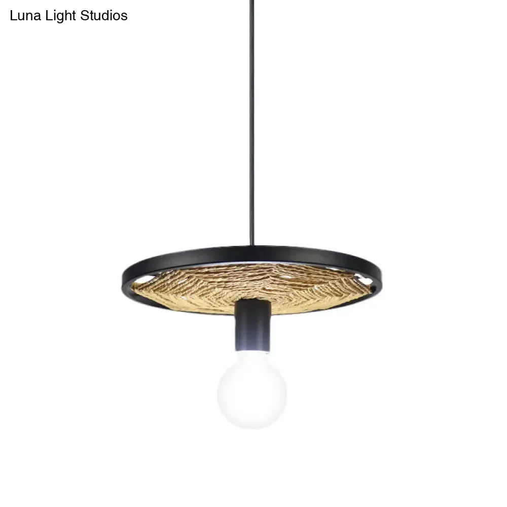 Modern Metallic Ring Pendant Light with Rope Detail - Black Finish, 1/3-Light Ceiling Lamp for Dining Room