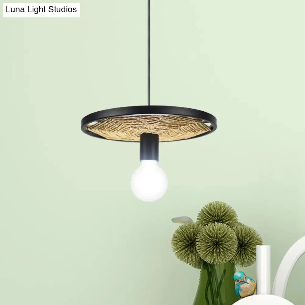 Modern Metallic Ring Pendant Light with Rope Detail - Black Finish, 1/3-Light Ceiling Lamp for Dining Room