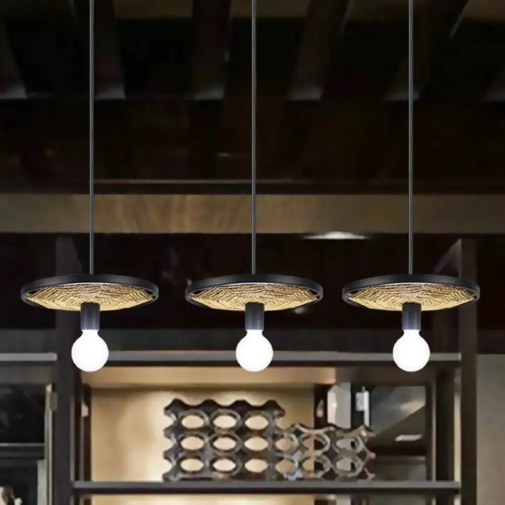 Modern Metallic Ring Pendant Light with Rope Detail - Black Finish, 1/3-Light Ceiling Lamp for Dining Room