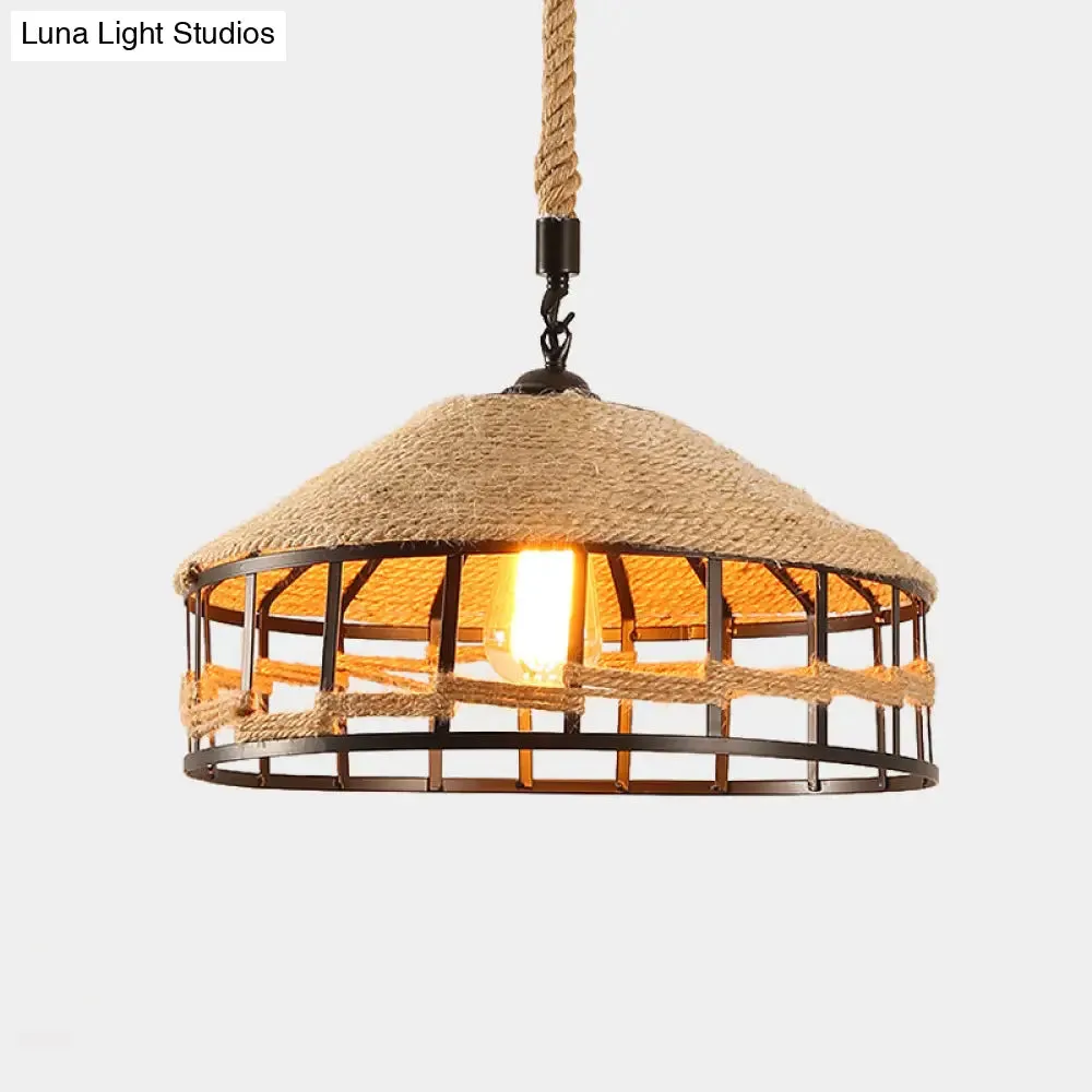 Mongolian Yurts Vintage Rope Pendant Light Fixture - Beige with Wire Cage (12"/16"/19.5" W)