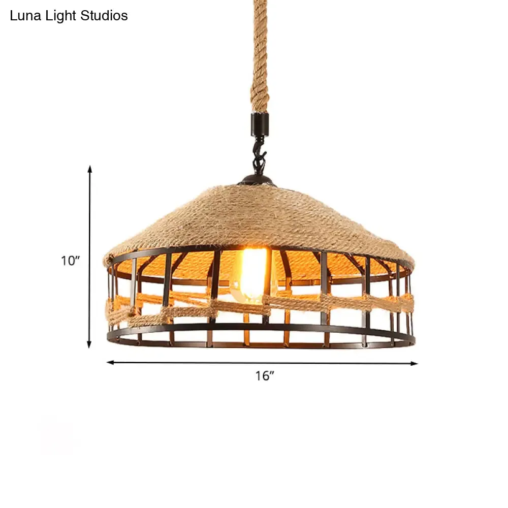 Mongolian Yurts Vintage Rope Pendant Light Fixture - Beige with Wire Cage (12"/16"/19.5" W)