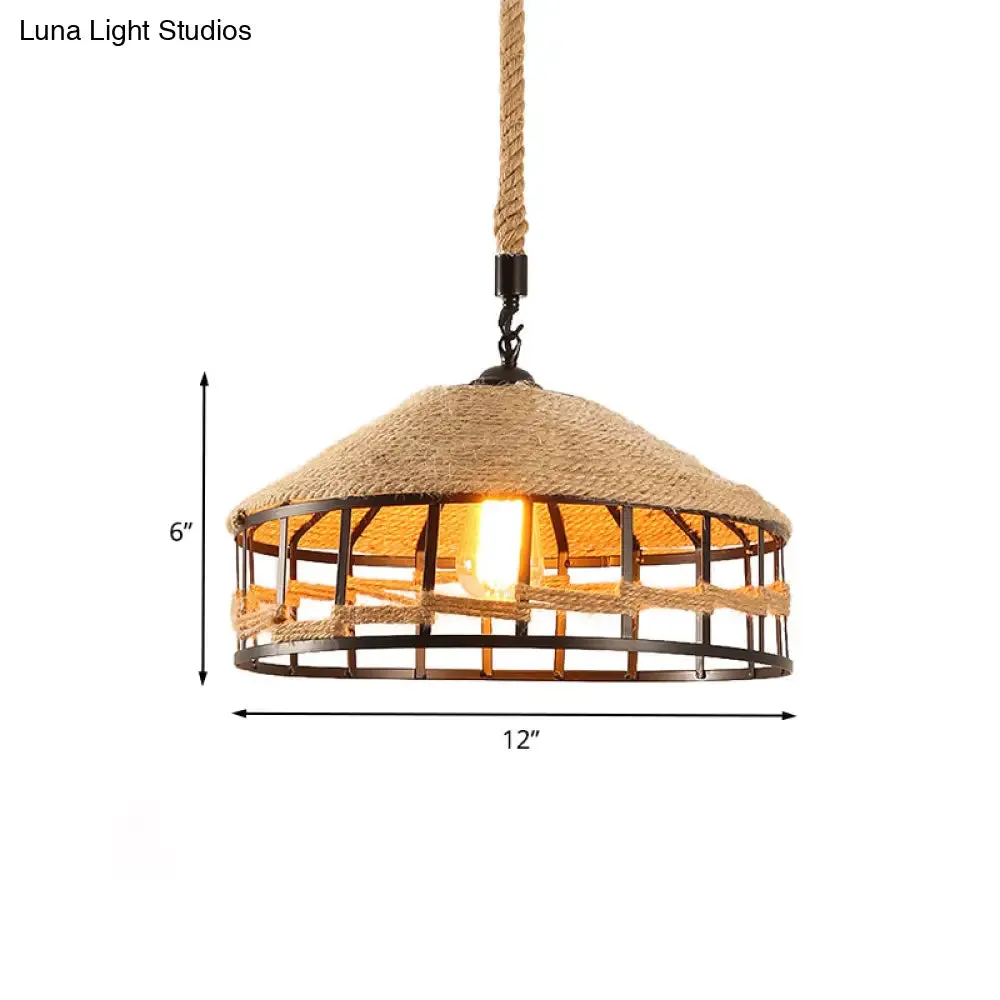 Mongolian Yurts Vintage Rope Pendant Light Fixture - Beige with Wire Cage (12"/16"/19.5" W)