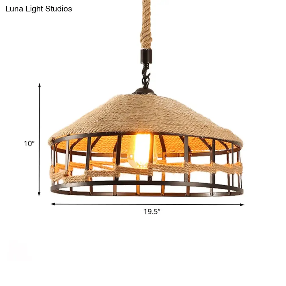 Mongolian Yurts Vintage Rope Pendant Light Fixture - Beige with Wire Cage (12"/16"/19.5" W)