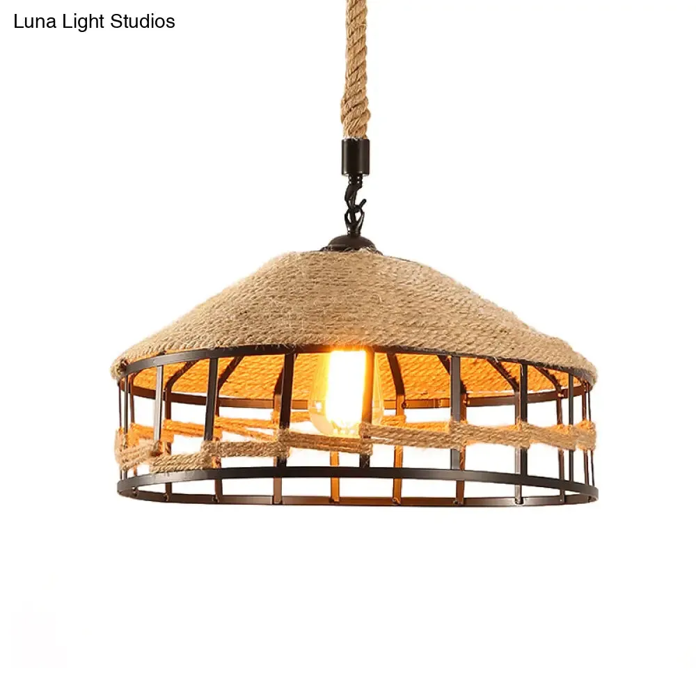 Mongolian Yurts Vintage Rope Pendant Light Fixture - Beige with Wire Cage (12"/16"/19.5" W)