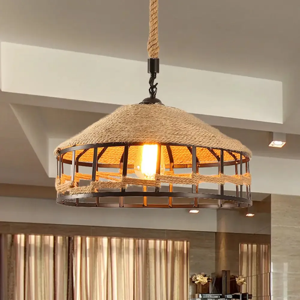 Mongolian Yurts Vintage Rope Pendant Light Fixture - Beige with Wire Cage (12"/16"/19.5" W)