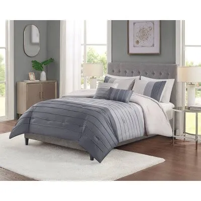 New - 5pc King Boston Pleated Colorblock Comforter Bedding Set - Gray