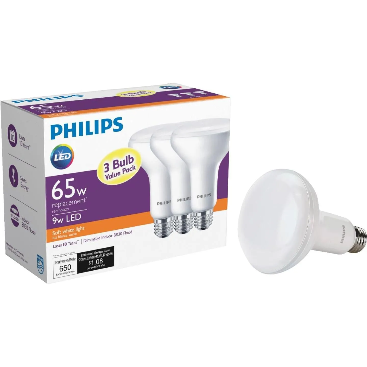 Philips 65W Equivalent Soft White BR30 Medium Dimmable LED Floodlight Light Bulb (3-Pack)